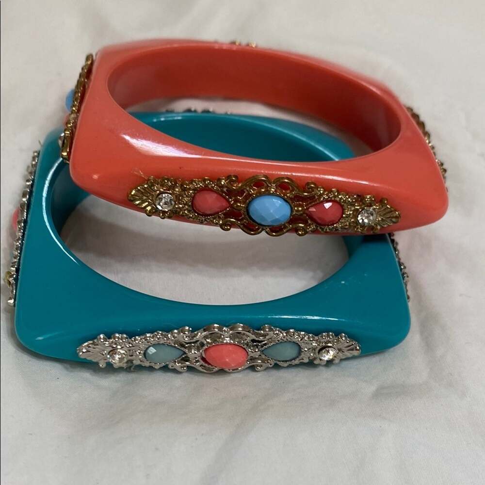Coral and Teal Square Bangles Silver & Gold Tone Embellishments Bohemian Craft